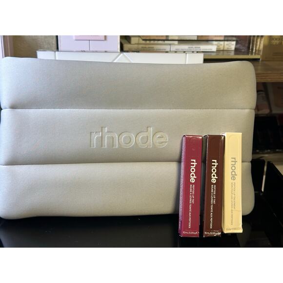 Rhode BUNDLE - Gray Bag, Espresso, Salted Carmel, & Raspberry Jelly Peptide Lip - Picture 1 of 5